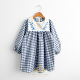 Girls Long Sleeve Floral Embroidered Bib Collar Dress Gingham Blue & White