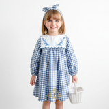 Girls Long Sleeve Floral Embroidered Bib Collar Dress Gingham Blue & White
