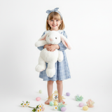 Girls Long Sleeve Floral Embroidered Bib Collar Dress Gingham Blue & White