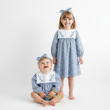 Girls Long Sleeve Floral Embroidered Bib Collar Romper Gingham Blue & White