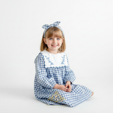 Girls Long Sleeve Floral Embroidered Bib Collar Dress Gingham Blue & White