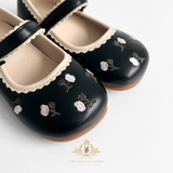 Girls Mary Jane Flats Vintage Style Children's Shoes Floral Embroidered Black