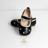 Girls Mary Jane Flats Vintage Style Children's Shoes Floral Embroidered Black
