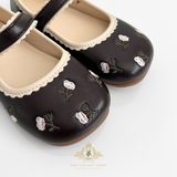 Girls Mary Jane Flats Vintage Style Children's Shoes Floral Embroidered Chocolate Brown