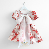Girls Fine Jacquard Celebration Dress Floral Red White & Gold