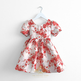 Girls Fine Jacquard Celebration Dress Floral Red White & Gold