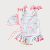 Girls One-Piece Swimsuit & Cap Set Pink Flamingos