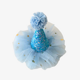 Girls Princess Happy Birthday Hat & Hair Clip Blue & Gold