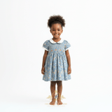 Girls Embroidered Smocked Dress Floral Cornflower Blue & Cream