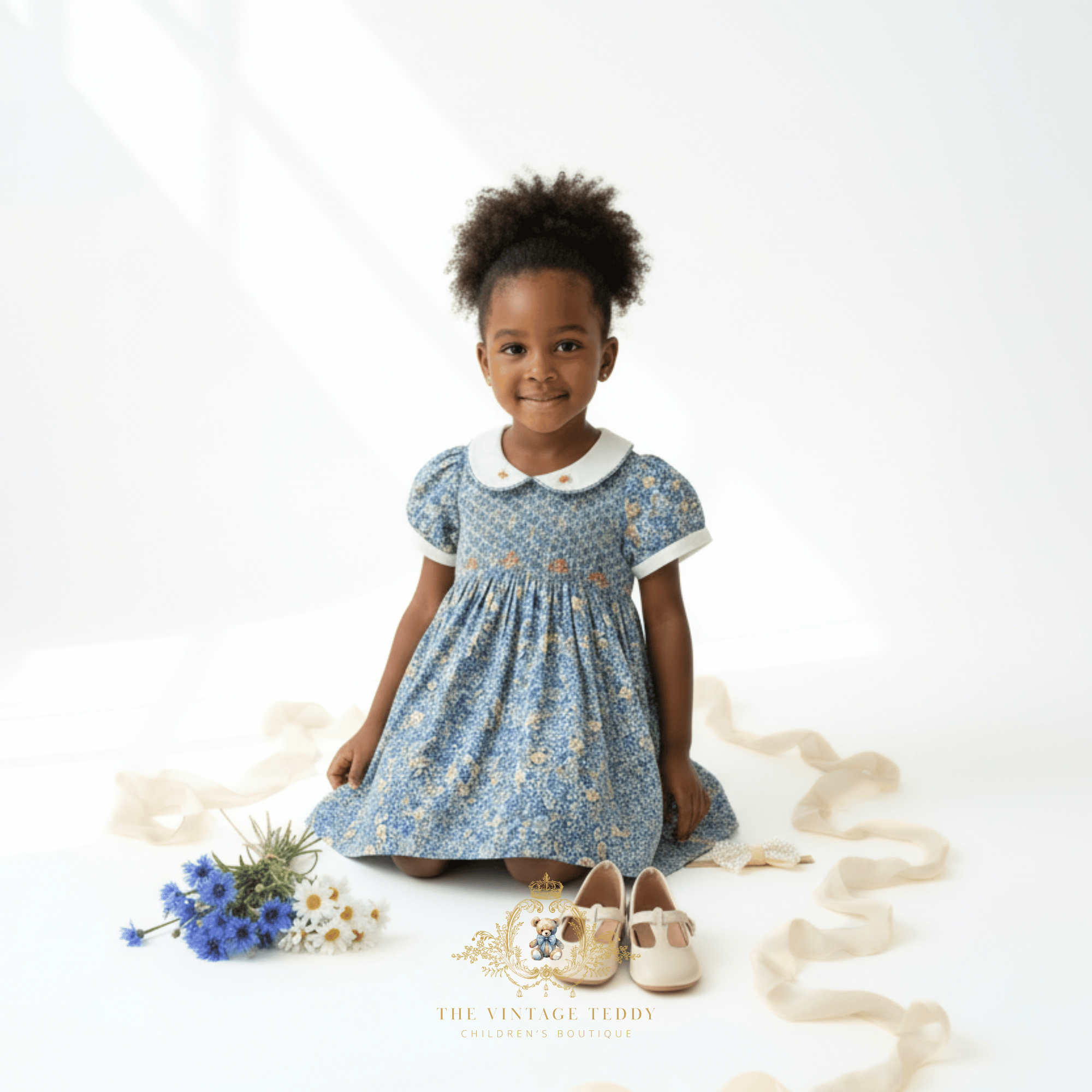 Girls Embroidered Smocked Dress Floral Cornflower Blue & Cream 5T