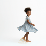 Girls Embroidered Smocked Dress Floral Cornflower Blue & Cream