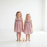 Girls Embroidered Smocked Dress Floral Pink & Royal Blue