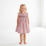 Girls Embroidered Smocked Dress Floral Pink & Royal Blue