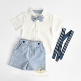 Boys Short Sleeve Oxford Dress Shirt & Shorts Matching Outfit Blue & White