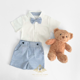Boys Short Sleeve Oxford Dress Shirt & Shorts Matching Outfit Blue & White