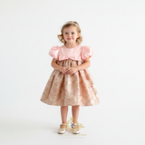Girls Fine Jacquard & Satin Celebration Dress Floral Pink & Gold