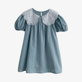 Girls Lace Embroidery Puritan Collar Dress