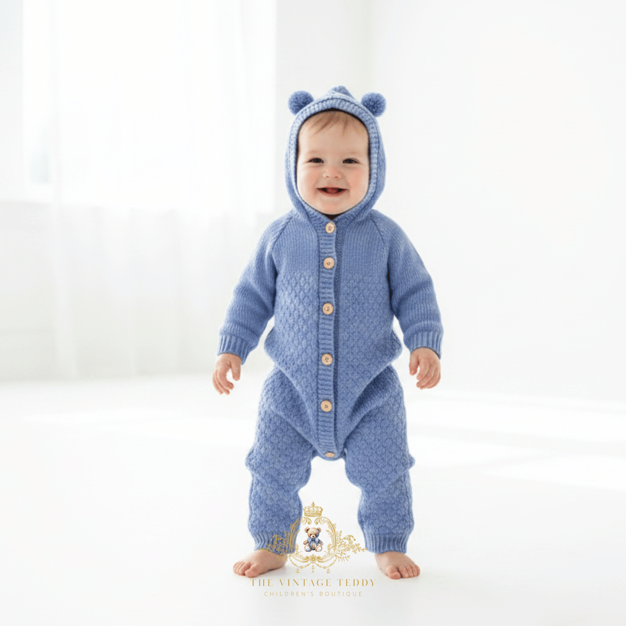 Baby boy wearing a cornflower blue knitted hooded one-piece outfit with buttons down the front, standing barefoot on a bright white studio floor. The image has a watermark at the bottom reading 'THE VINTAGE TEDDY CHILDREN'S BOUTIQUE'.