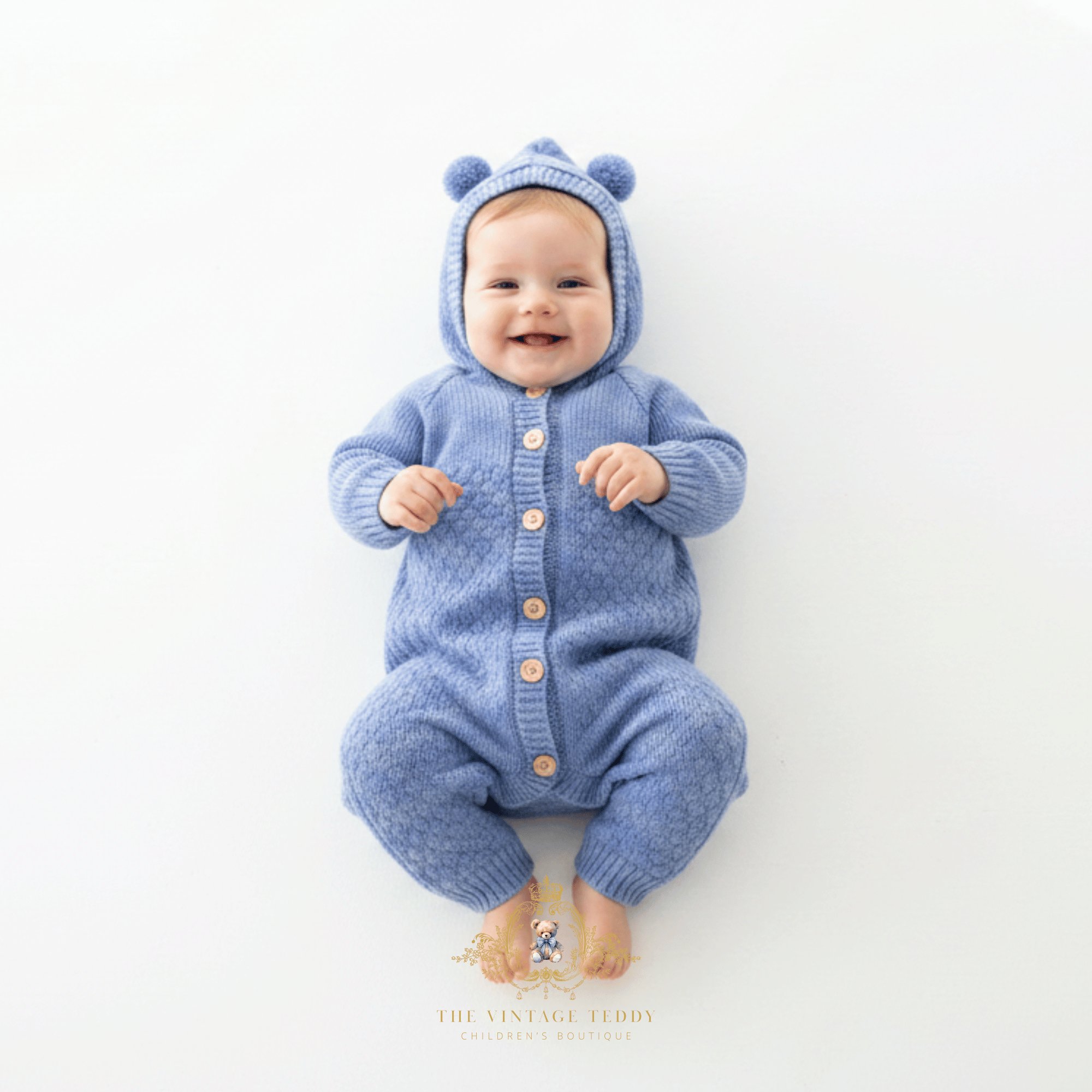 A baby boy wearing a light blue knitted hooded jumpsuit with bear ears on the hood, lying on a white background surface. The baby jumpsuit has a front button closure with tan buttons. The baby is bare foot and smiling.