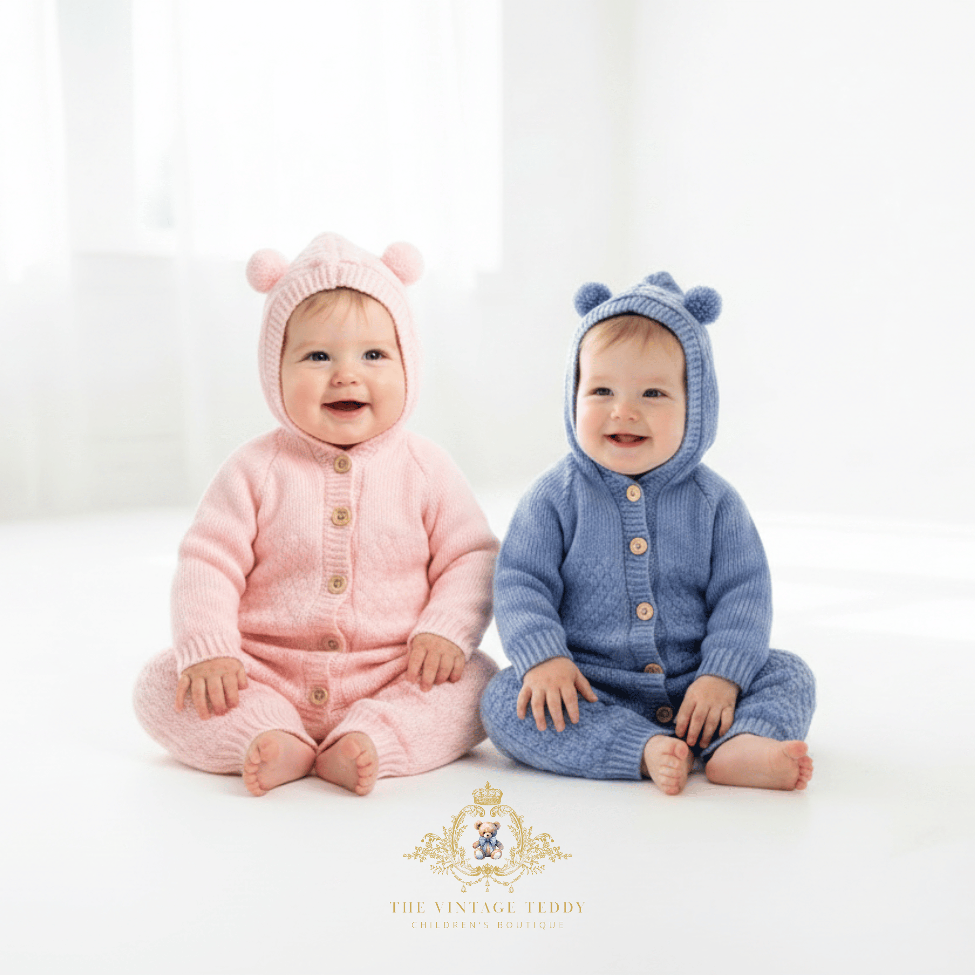 Two happy babies sitting side by side wearing knitted bear-ear hooded one-piece bodysuits, one in soft pink and one in cornflower blue, a bright white studio setting. A decorative 'The Vintage Teddy' watermark appears near the bottom.