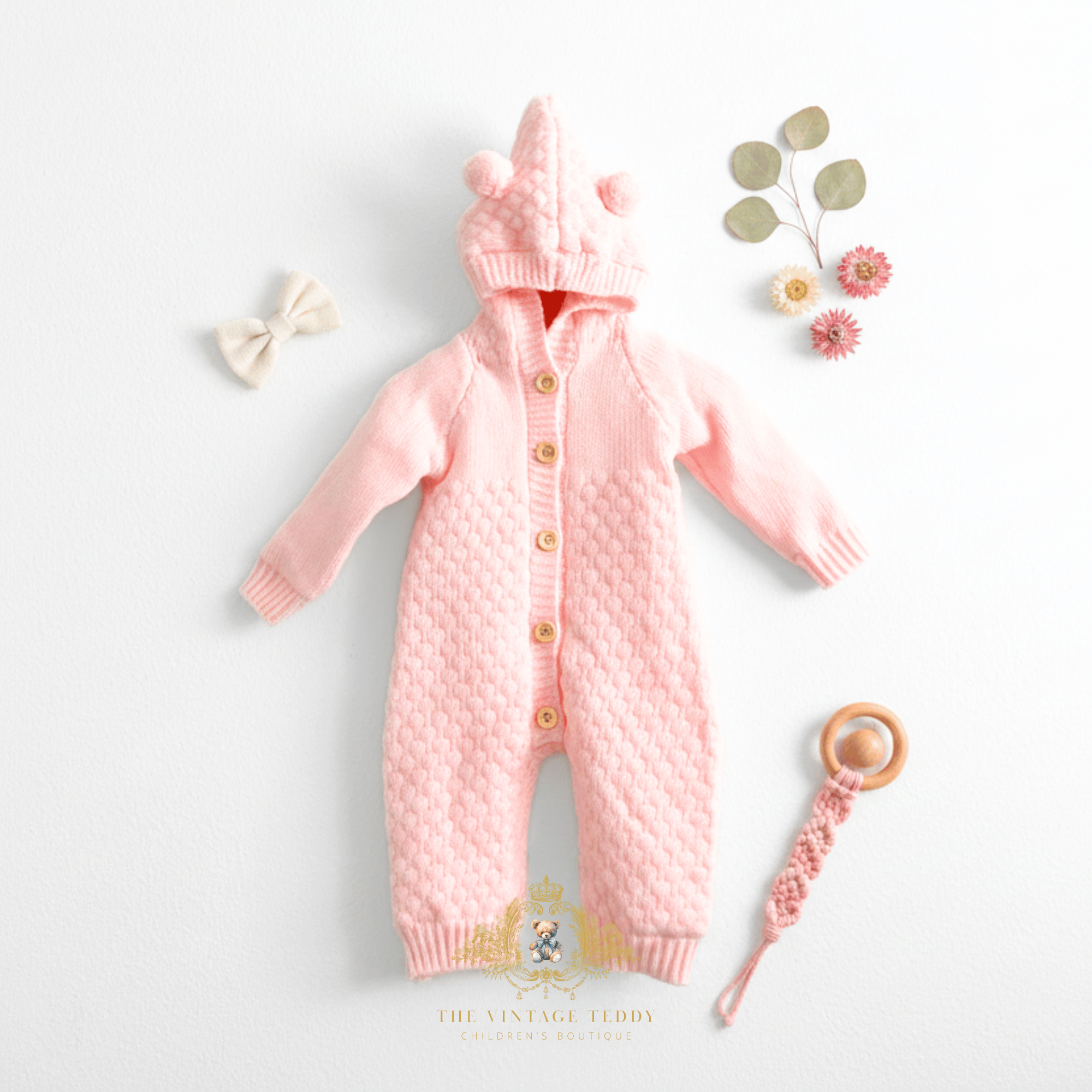 Pastel pink knitted baby one-piece sweatsuit with a hoodie, front button closure, and teddy ear details on the hood, laid flat on a white background with decorative props including a bow, flowers, and a crochet pacifier holder.