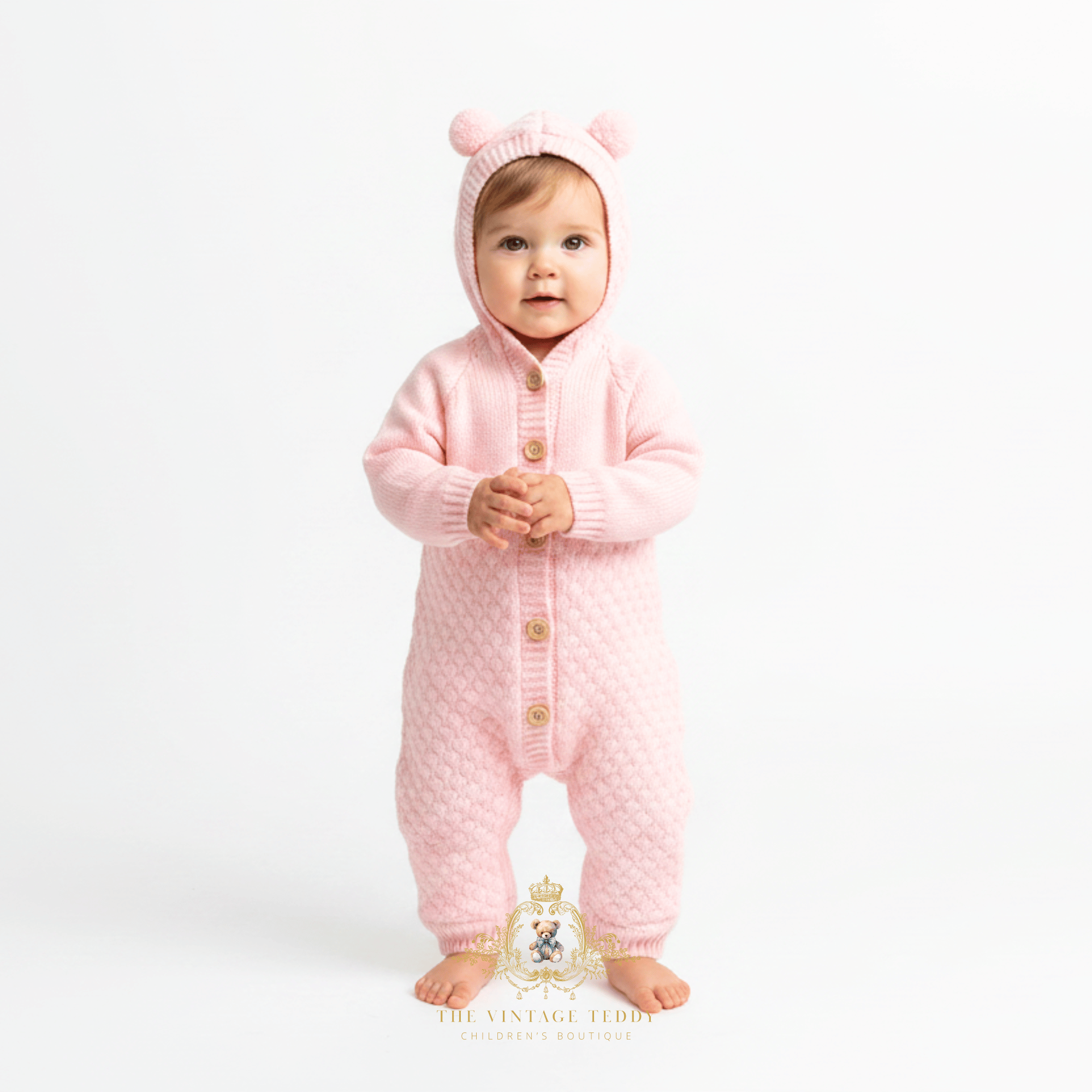 An adorable baby girl wearing a pink knitted hooded jumpsuit with bear ears on the hood and tan buttons down the front, standing against a plain white studio background. The Vintage Teddy logo mark at the bottom center.