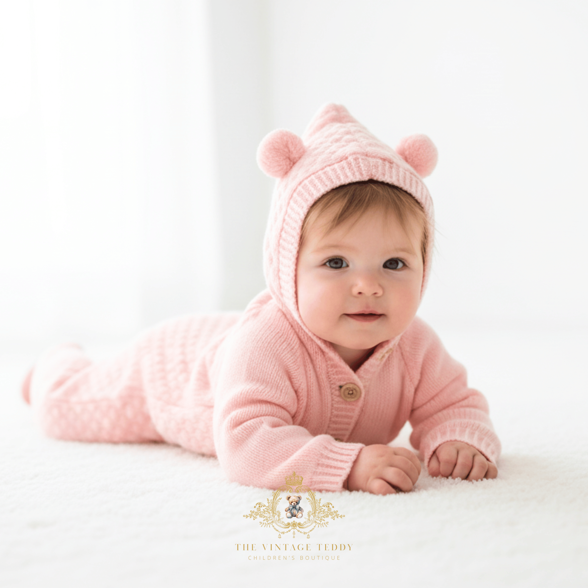 A baby girl lying on her stomach 'tummy time' wearing a pink knit hoodie bodysuit with teddy bear pom-poms, on a white soft rug against a bright natural light white background. A watermark for 'The Vintage Teddy Clothing Boutique' is visible at the bottom.