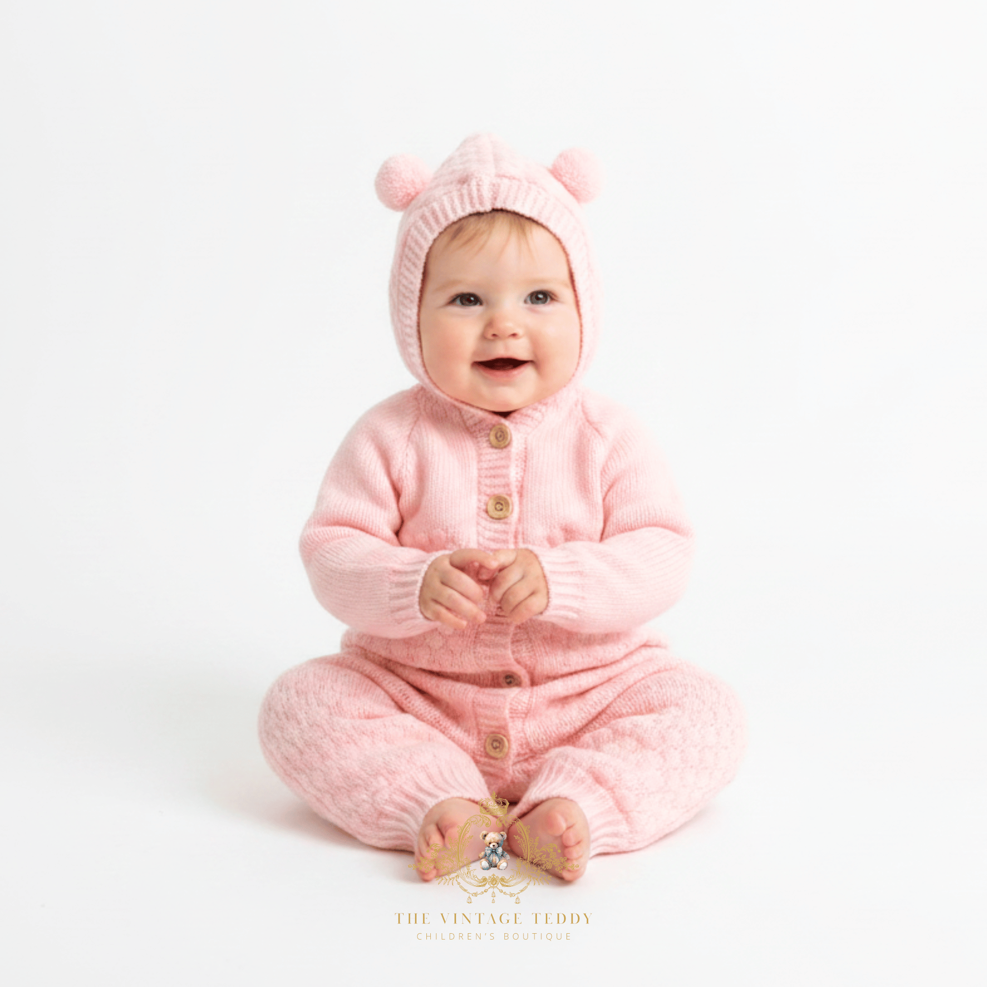 A smiling baby girl sitting wearing a pastel  pink knitted hooded baby one-piece with teddy bear pom pom ear details on the hood and front buttons, clean white studio background. A watermark at the bottom reads The Vintage Teddy Children's Boutique.