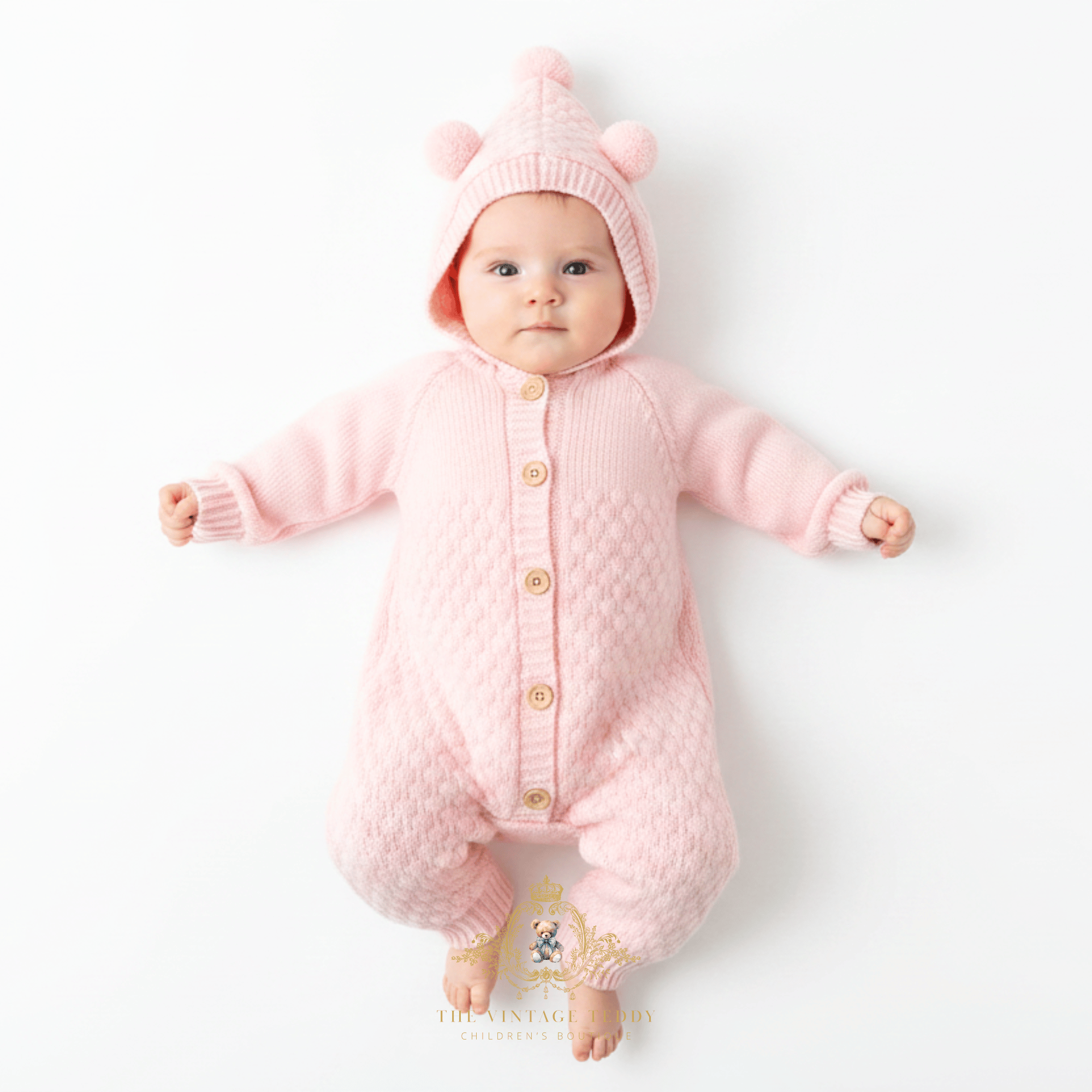 Baby girl lying on her back, top view,  wearing a pink knitted hooded jumpsuit with button-front closure and pom-pom bear ears on the hood, against a clean white background. 'The Vintage Teddy' children's boutique logo mark at the bottom center.