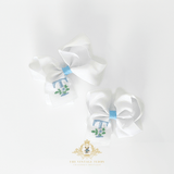 Girls Grosgrain Ribbon Clip-On Hair Bows Embroidered Floral Letter Set of 2