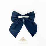 Girls Embroidered Floral Hair Bow Clip-On Kids Hair Accessory Daisies Navy Blue