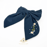 Girls Embroidered Floral Hair Bow Clip-On Kids Hair Accessory Daisies Navy Blue