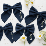 Girls Embroidered Floral Hair Bow Clip-On Kids Hair Accessory Daisies Navy Blue
