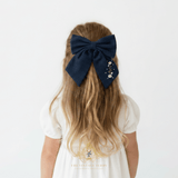 Girls Embroidered Floral Hair Bow Clip-On Kids Hair Accessory Daisies Navy Blue