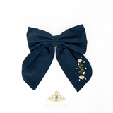Girls Embroidered Floral Hair Bow Clip-On Kids Hair Accessory Daisies Navy Blue