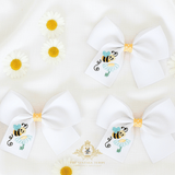 Girls Grosgrain Ribbon Clip-On Hair Bows Embroidered Bumble Bee & Daisy 4" Medium