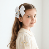 Girls Grosgrain Ribbon Clip-On Hair Bows Embroidered Bumble Bee & Daisy 4" Medium
