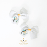 Girls Grosgrain Ribbon Clip-On Hair Bows Embroidered Bumble Bee & Daisy 4" Medium