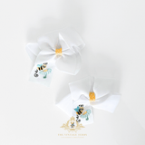 Girls Grosgrain Ribbon Clip-On Hair Bows Embroidered Bumble Bee & Daisy 4" Medium