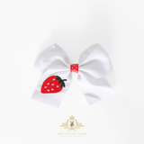 Girls Grosgrain Ribbon Clip-On Hair Bows Embroidered Sweet Strawberry White & Red 4" Medium