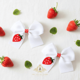 Girls Grosgrain Ribbon Clip-On Hair Bows Embroidered Sweet Strawberry White & Red 4" Medium