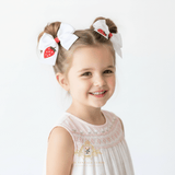 Girls Grosgrain Ribbon Clip-On Hair Bows Embroidered Sweet Strawberry White & Red 4" Medium