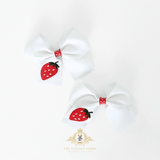 Girls Grosgrain Ribbon Clip-On Hair Bows Embroidered Sweet Strawberry White & Red 4" Medium