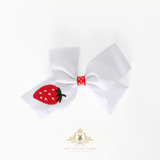 Girls Grosgrain Ribbon Clip-On Hair Bows Embroidered Sweet Strawberry White & Red 4" Medium