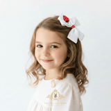 Girls Grosgrain Ribbon Clip-On Hair Bows Embroidered Sweet Strawberry White & Red 4" Medium