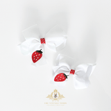 Girls Grosgrain Ribbon Clip-On Hair Bows Embroidered Sweet Strawberry White & Red 4" Medium