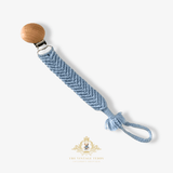 Crochet Macramé Pacifier Clip-On Holder Wooden Round Cornflower Blue