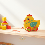 Children's Early Learning Wooden Toys Pull Along Animal Trailer Little Chicken