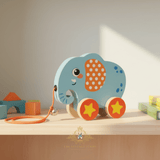 Children's Early Learning Wooden Toys Pull Along Animal Trailer Elephant