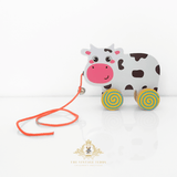 Children's Early Learning Wooden Toys Pull Along Animal Trailer Little Cow